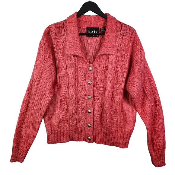 VTG 90s Cable Knit Sweater Cardigan Sz M Mohair Acrylic Blend Pink Button Preppy - Picture 1 of 13